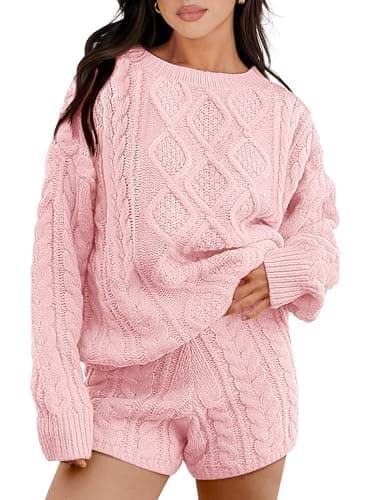 ANRABESS Women Cable Knit Oversized Sweater and Matching Short Pants Set