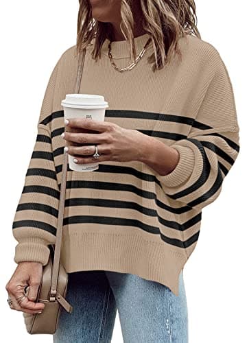 SAUKOLE Women's Oversized Zip-Up Striped Sweatshirt with Batwing Sleeves