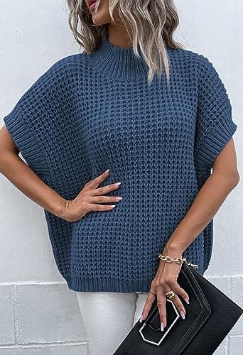 Viottiset Women's Mock Neck Batwing Sleeve Vest Sweater - Dark Blue S