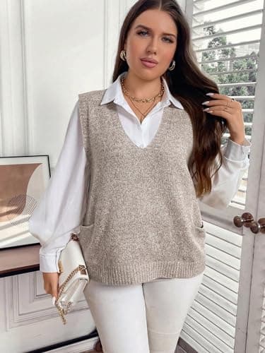 MakeMeChic Women's Plus Size Oversized V-Neck Knit Vest Top