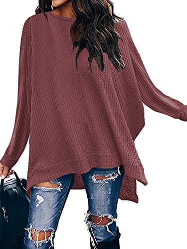 ANRABESS Women's Oversized Waffle Knit Split Sweater Tunic