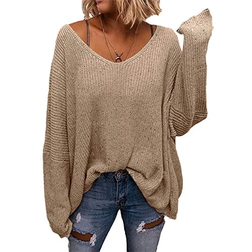 BZB Women's V-Neck Loose Oversized Long Sleeve Knit Sweater Top
