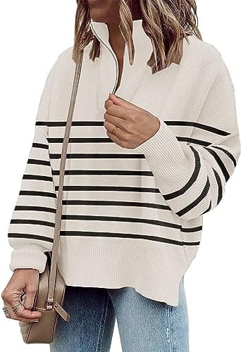 SAUKOLE Women's Oversized Zip-Up Striped Sweatshirt with Batwing Sleeves