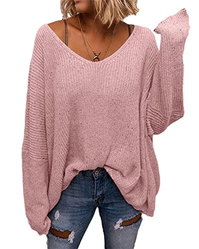 BZB Women's V-Neck Loose Oversized Long Sleeve Knit Sweater Top