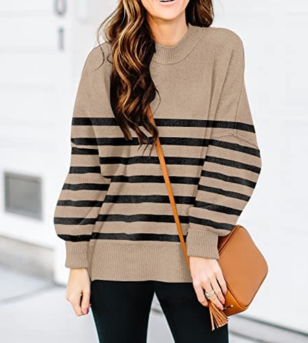 SAUKOLE Women's Oversized Zip-Up Striped Sweatshirt with Batwing Sleeves