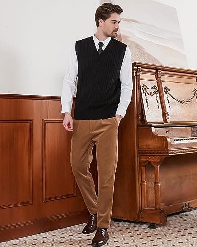 Kallspin Men's Wool Blended Cable Knit V-Neck Sweater Vest