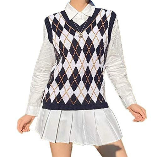 Women's Preppy Argyle Plaid Sleeveless Sweater Vest Casual Tank Top