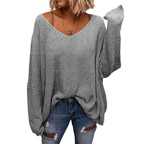 BZB Women's V-Neck Loose Oversized Long Sleeve Knit Sweater Top