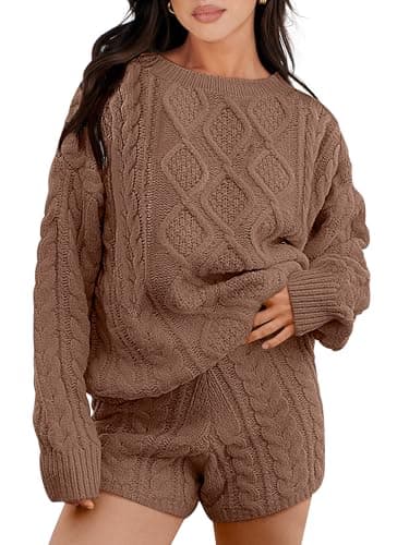 ANRABESS Women Cable Knit Oversized Sweater and Matching Short Pants Set