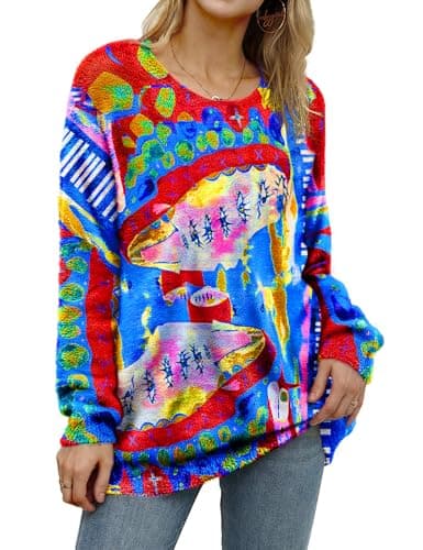 YESNO Women's Oversized Christmas Sweater with Graphic Print Casual Loose Knit Top S01