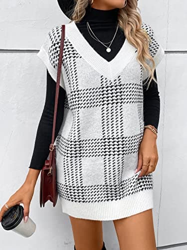 GORGLITTER Women's Oversized Plaid V-Neck Knit Dress Fall Fashion
