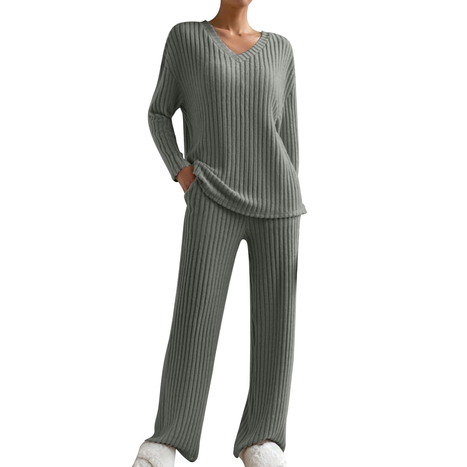 2024 Trendy Lightweight Knit Lounge Sets for Women V-Neck Straight Leg