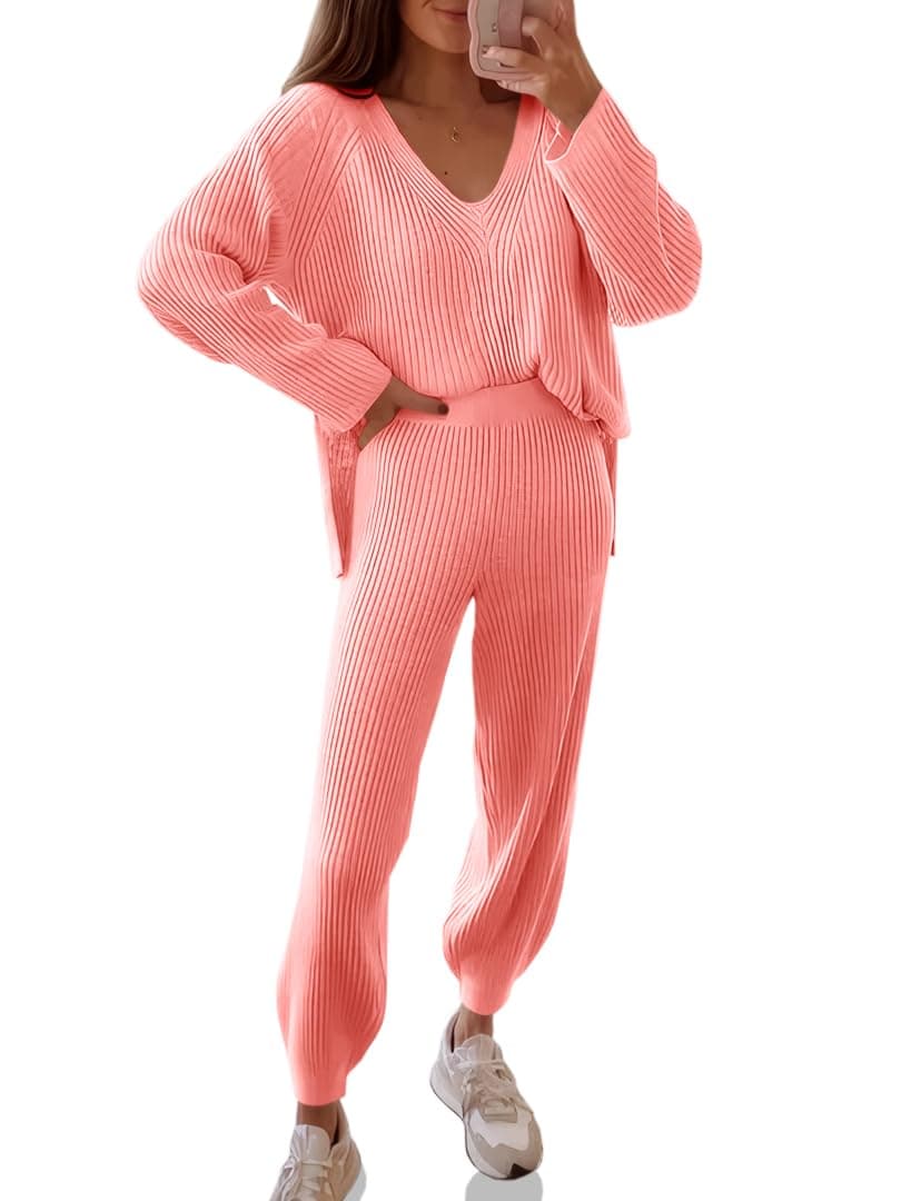 Tankaneo Women's Oversized V-Neck Sweater and Wide Leg Pants Loungewear Set