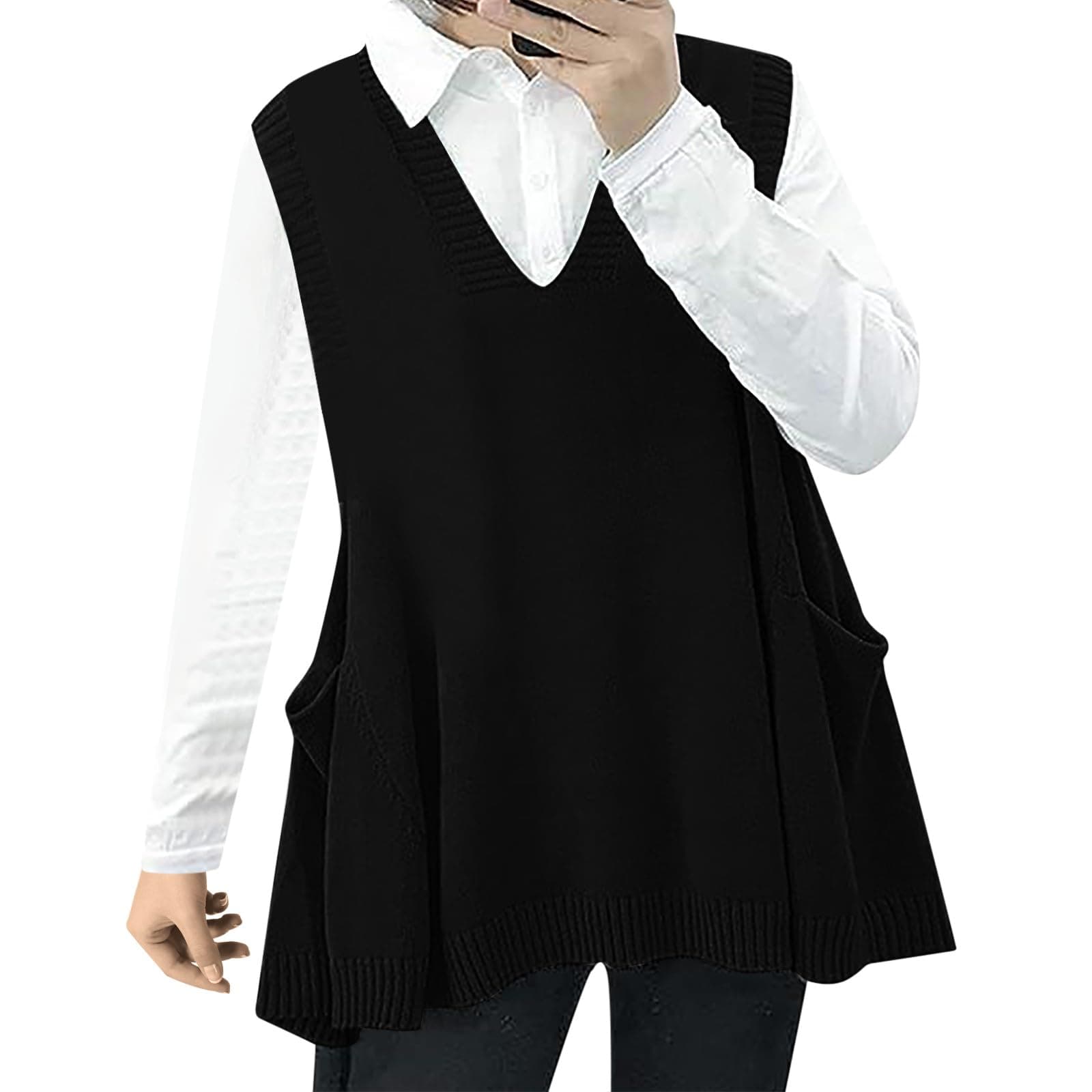 Oversized V-Neck Women's Sweater Vest with Pockets