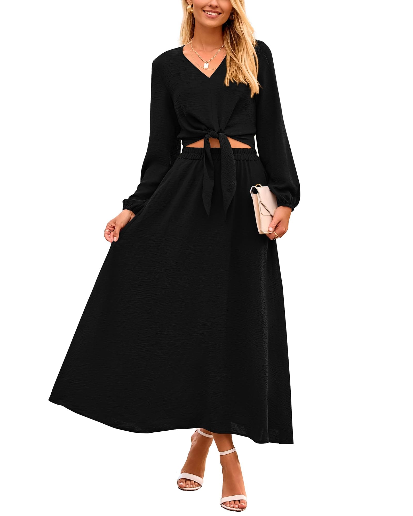 PRETTYGARDEN Women's Casual V-Neck Long Sleeve Crop Top & High Waist Midi Skirt Set