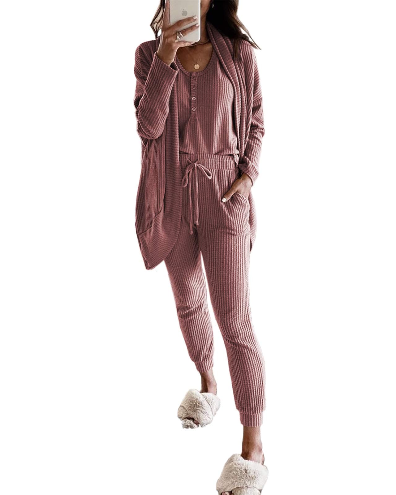 Fessceruna Women's Waffle Knit Lounge Set Tank Top & Long Sleeve Cardigan Pants