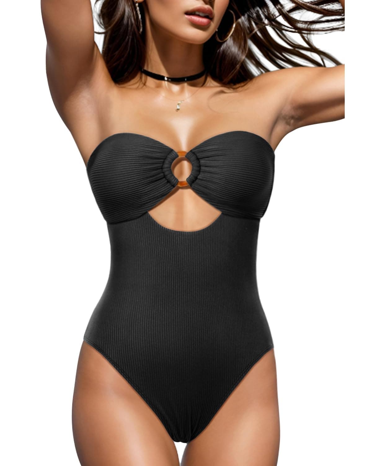 Holipick Women's Ribbed Strapless Cutout One Piece Swimsuit