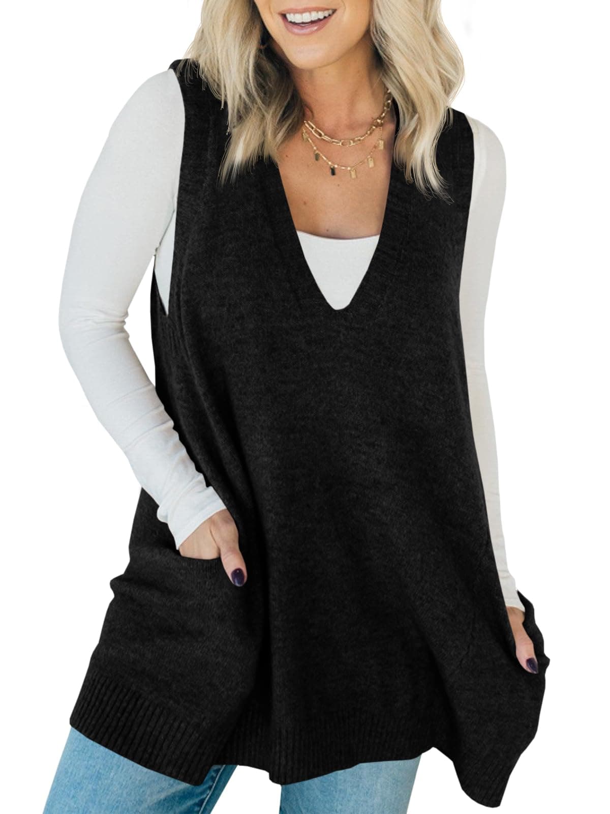 Saodimallsu Women's V-Neck Loose Knit A-Line Flattering Sleeveless Sweater Vest with Pockets