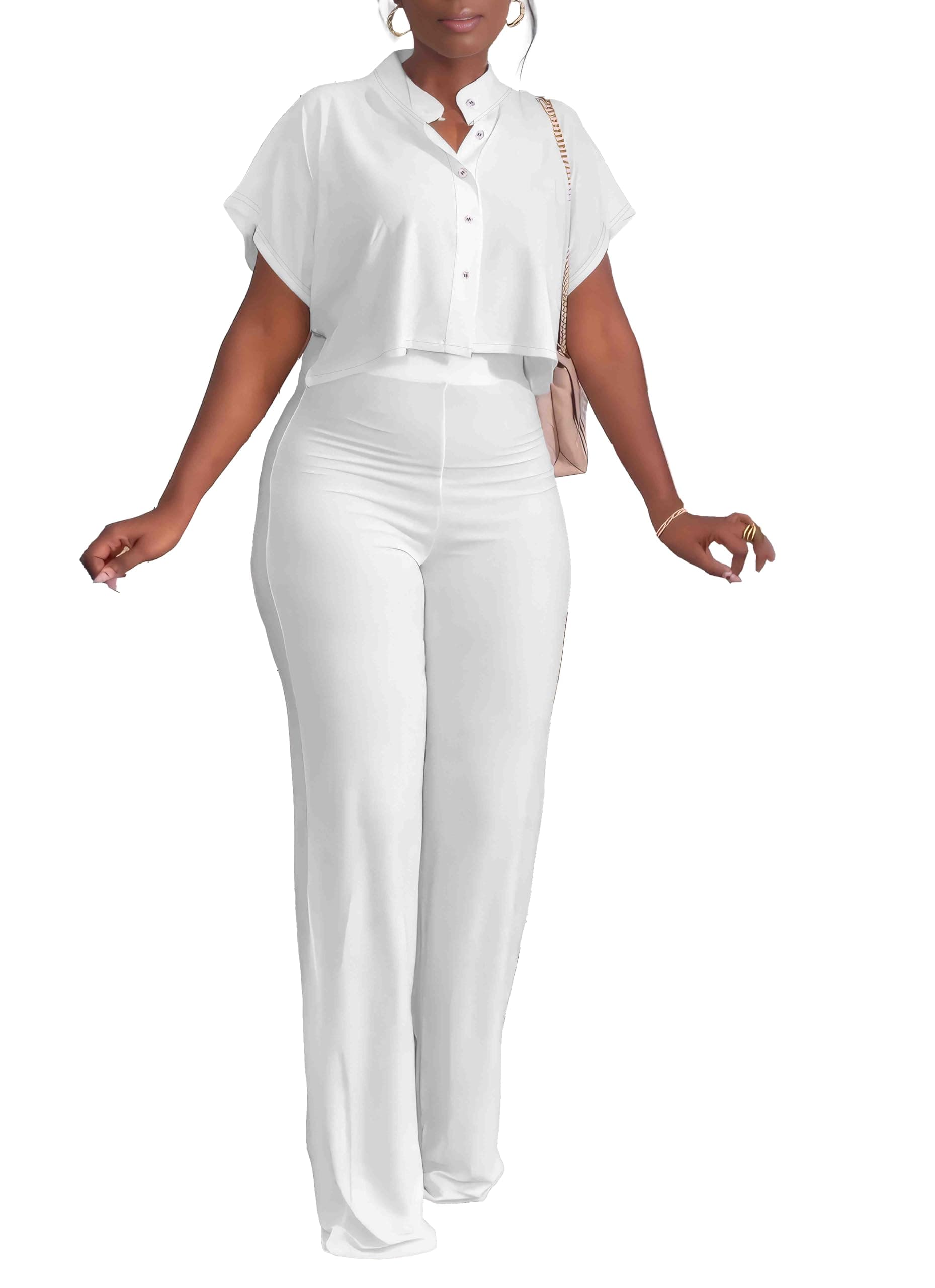 HBQ Women's Summer Casual 2 Piece Outfit Crop Top & Wide Leg Pants