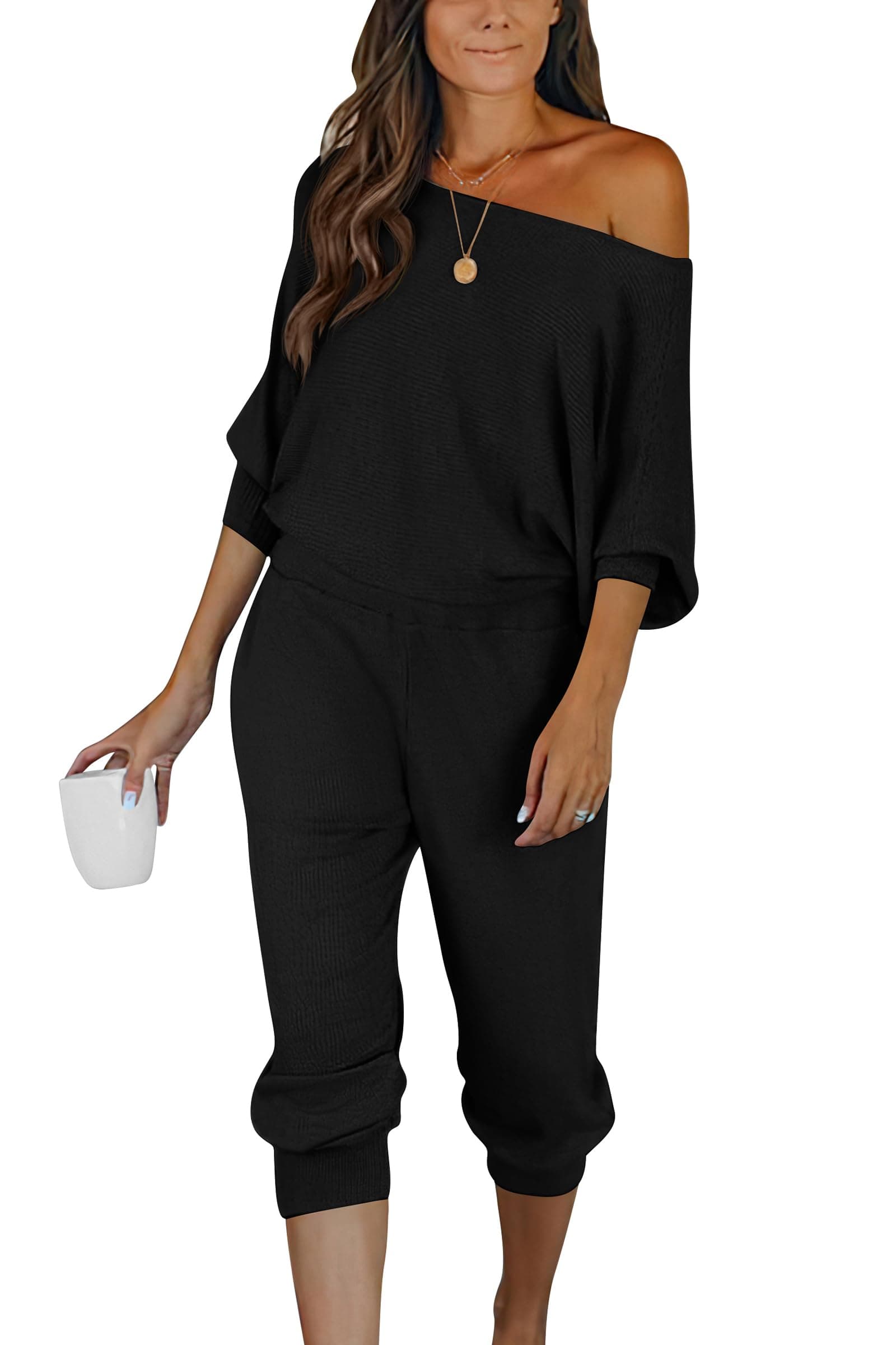 PRETTYGARDEN Women's Off-Shoulder Ribbed Tracksuit with Pockets