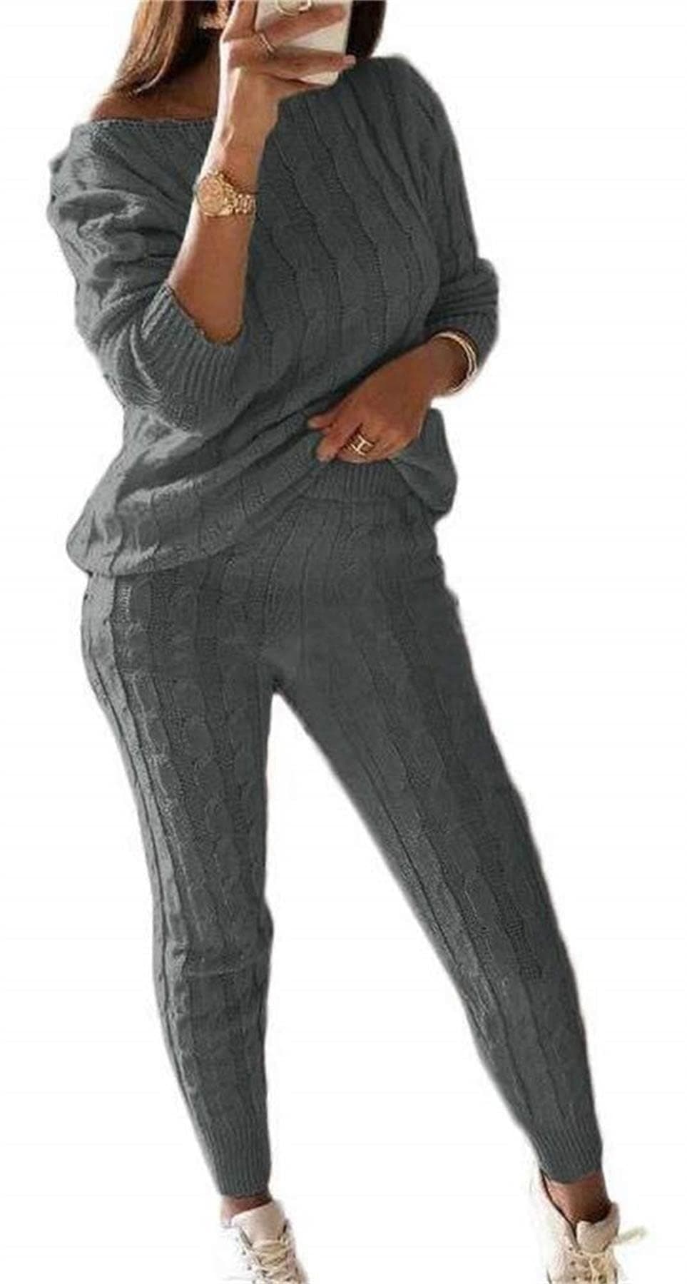 Lucuna Women's 2024 Fall Chunky Cable Knit Sweater Set Pants Loungewear