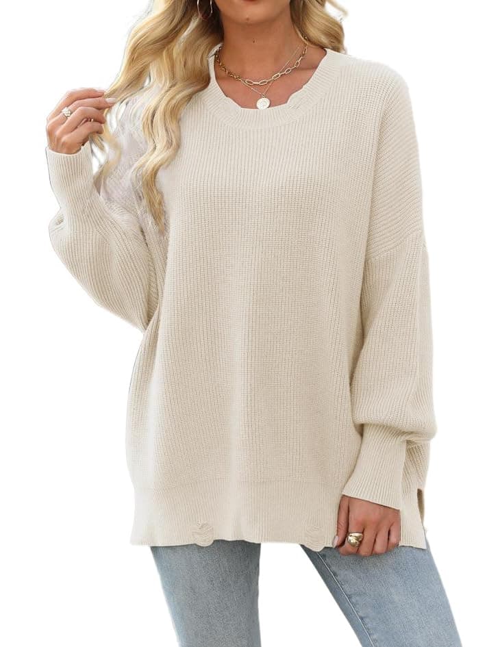 Liuerfeng 2024 Women's Fall Fashion Oversized Ripped Crewneck Pullover Sweater