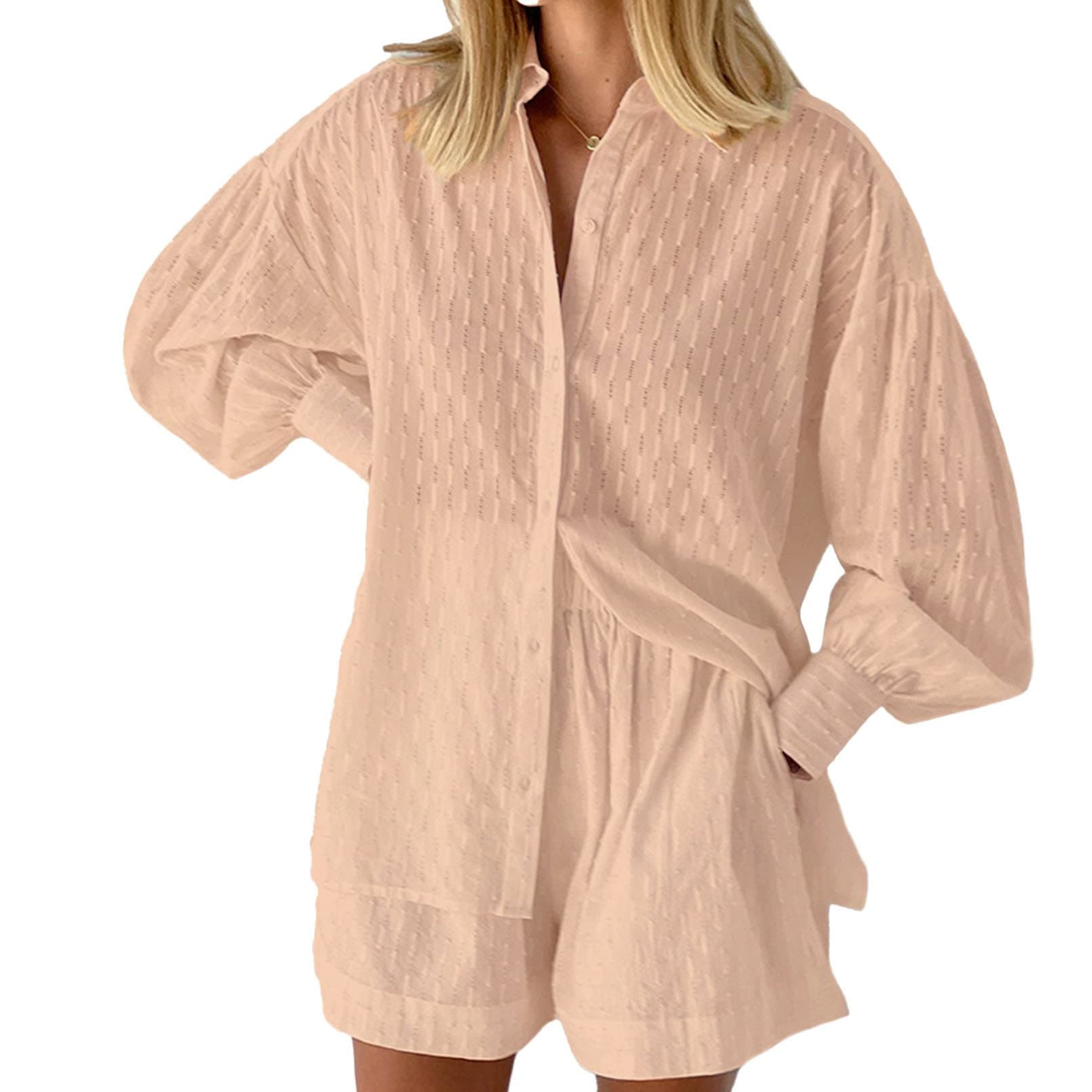 Viottiset Women's Summer Shorts & Long Sleeve Button Shirt Lounge Set