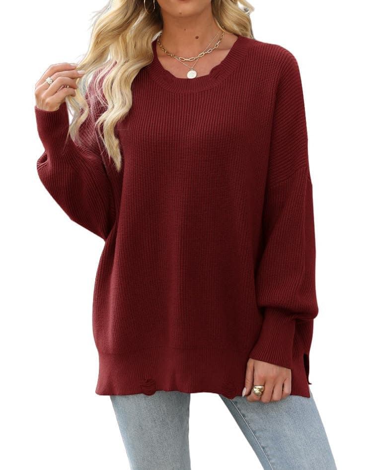 Liuerfeng 2024 Women's Fall Fashion Oversized Ripped Crewneck Pullover Sweater