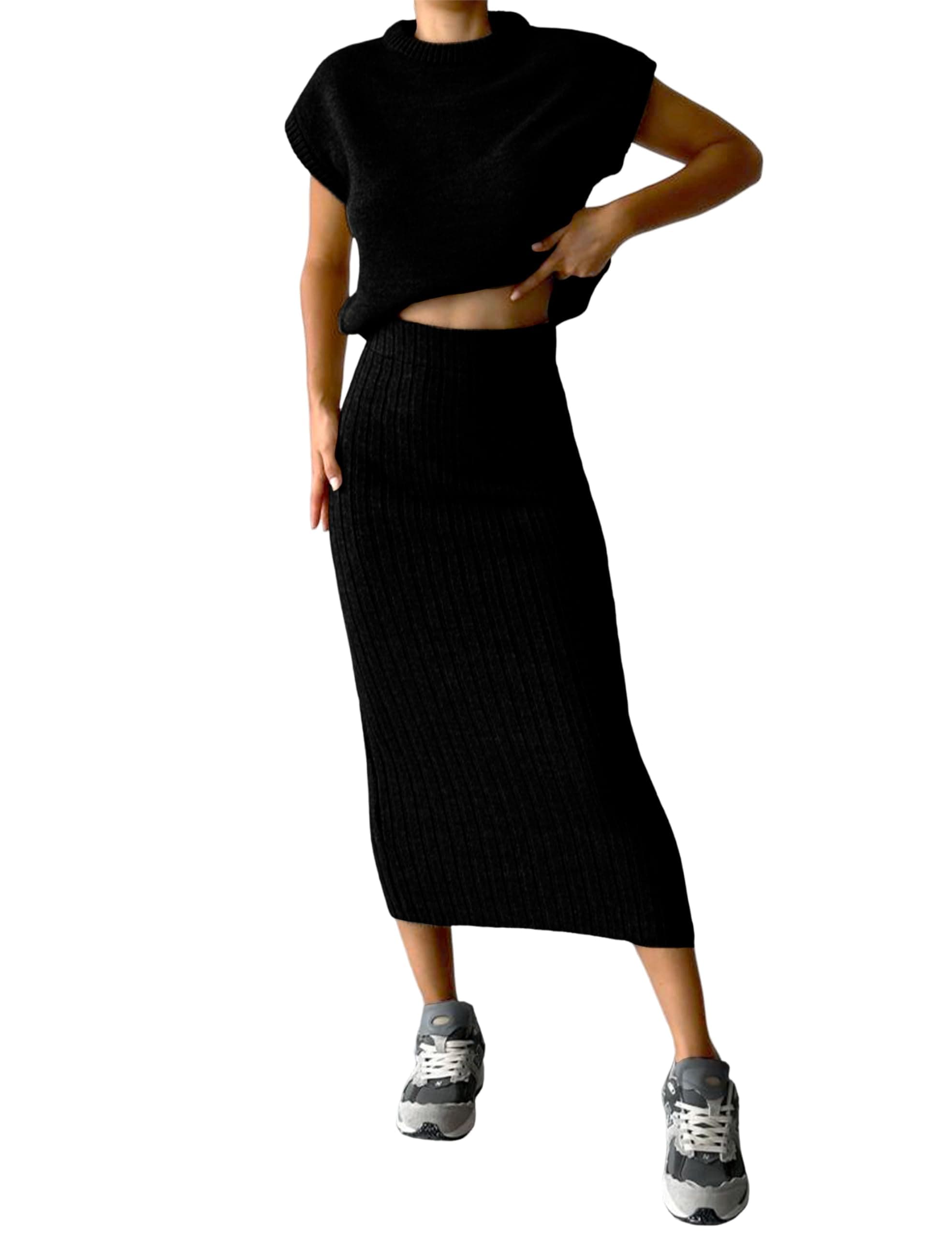 Zhiyouni Women's 2-Piece Sweater Set with Knit Vest and Maxi Skirts