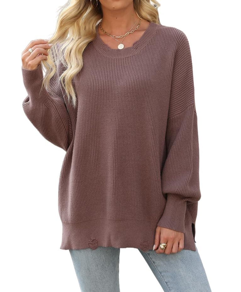 Liuerfeng 2024 Women's Fall Fashion Oversized Ripped Crewneck Pullover Sweater