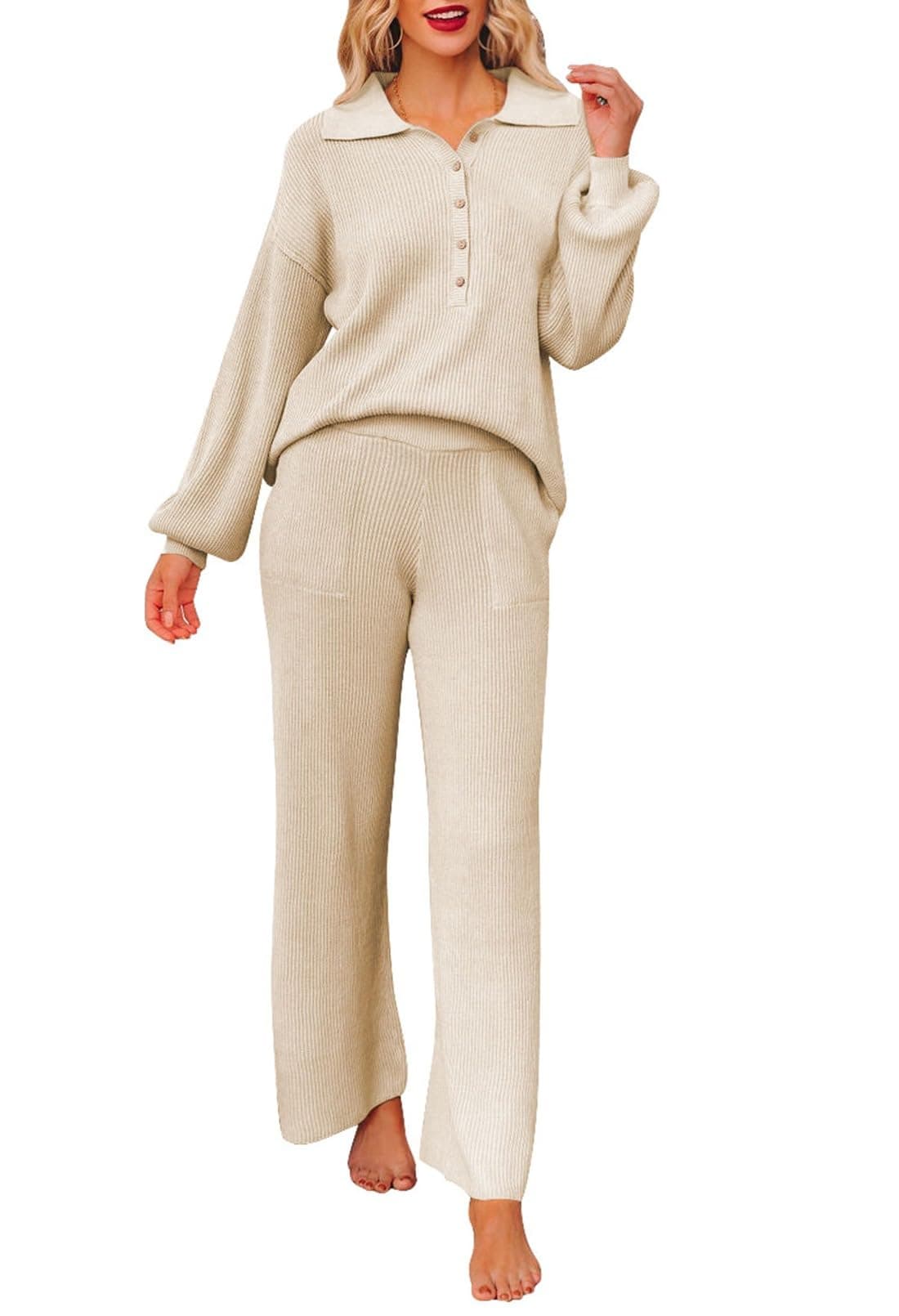 Pink Queen Women's 2-Piece Sweater Set Long SleeveKnit Top Wide Leg Pants Pocket