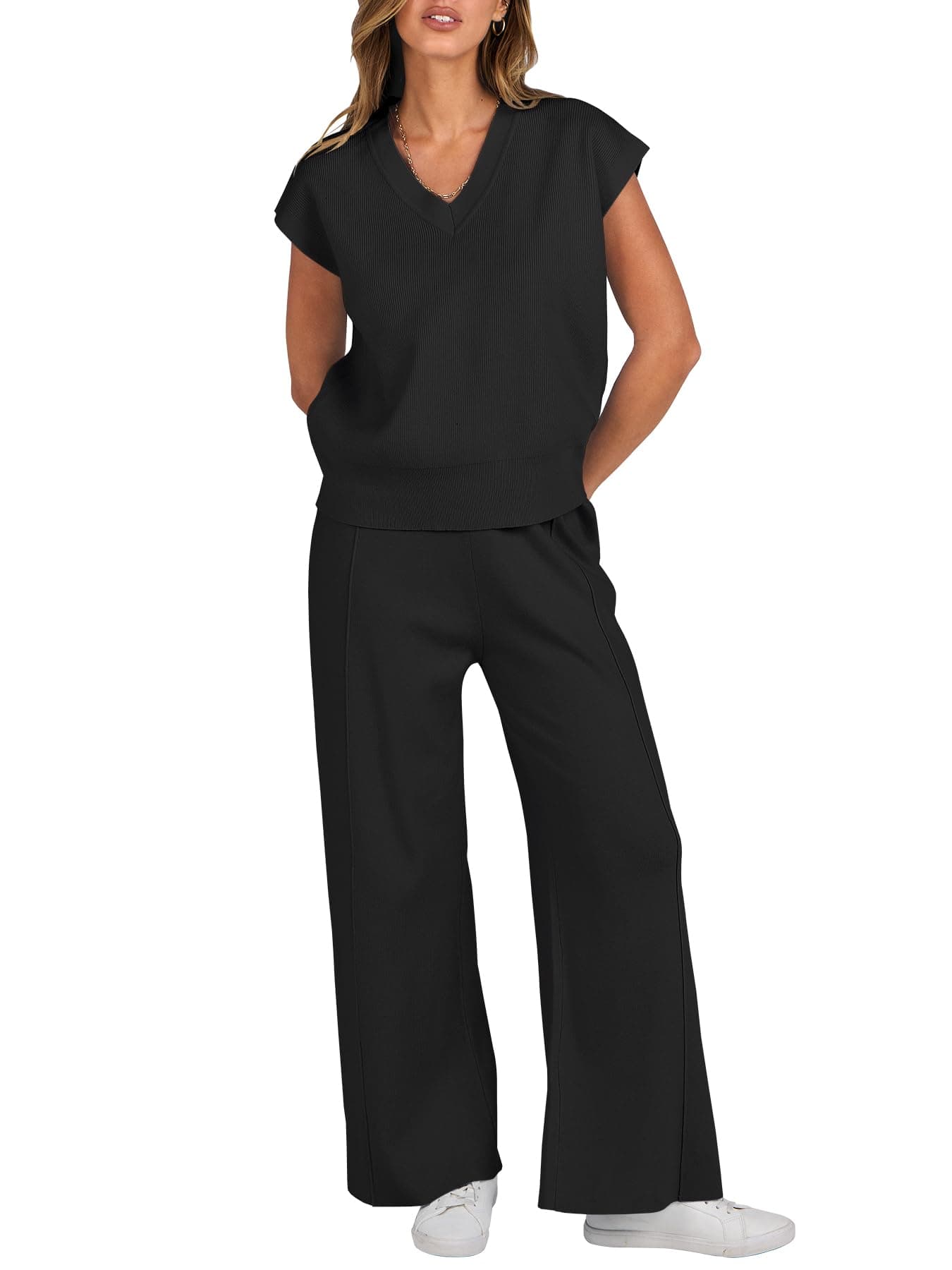 Caracilia Women's Summer 2-Piece Knit Set Vest & Wide Leg Pants