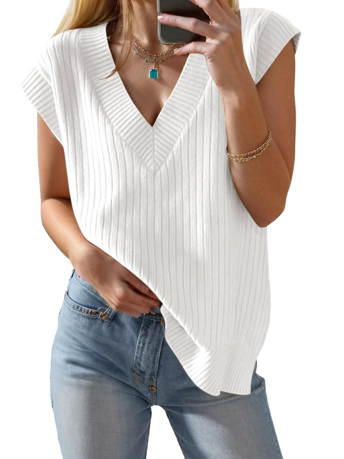 Seiciviy Women's 2025 Spring V-Neck Ribbed Short Sleeve Top
