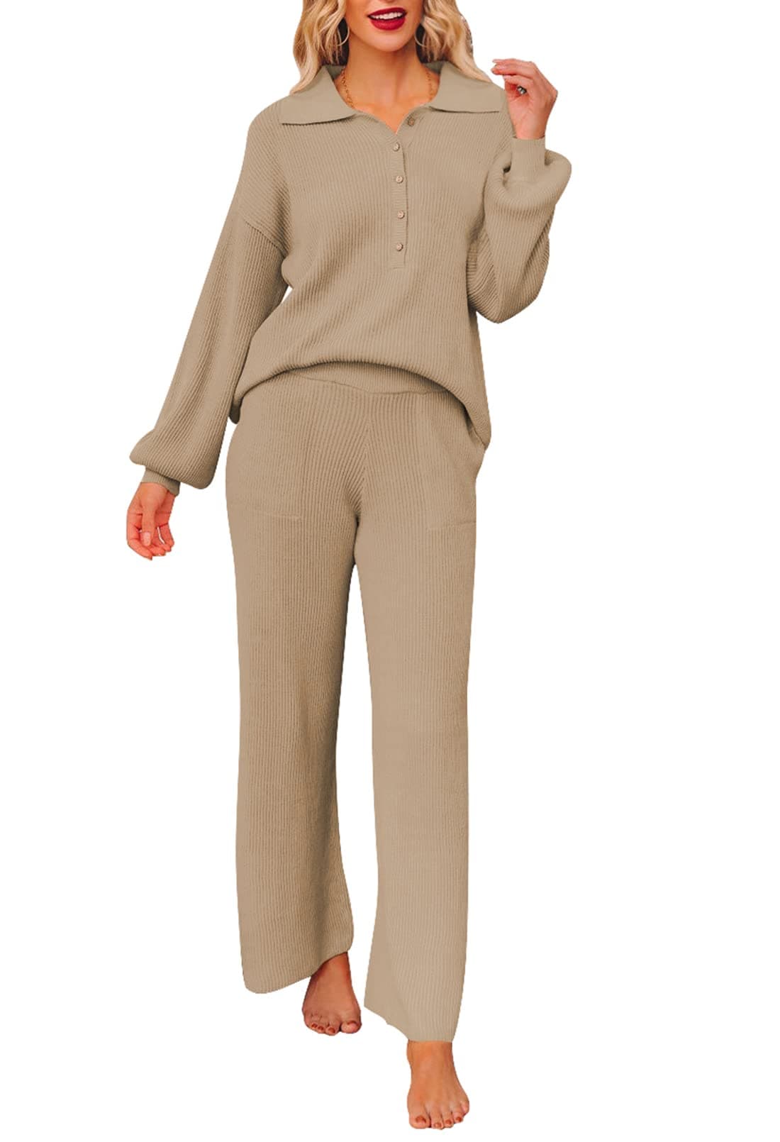 Pink Queen Women's Long Sleeve Button Knit Sweater Wide Leg Pants Outfit