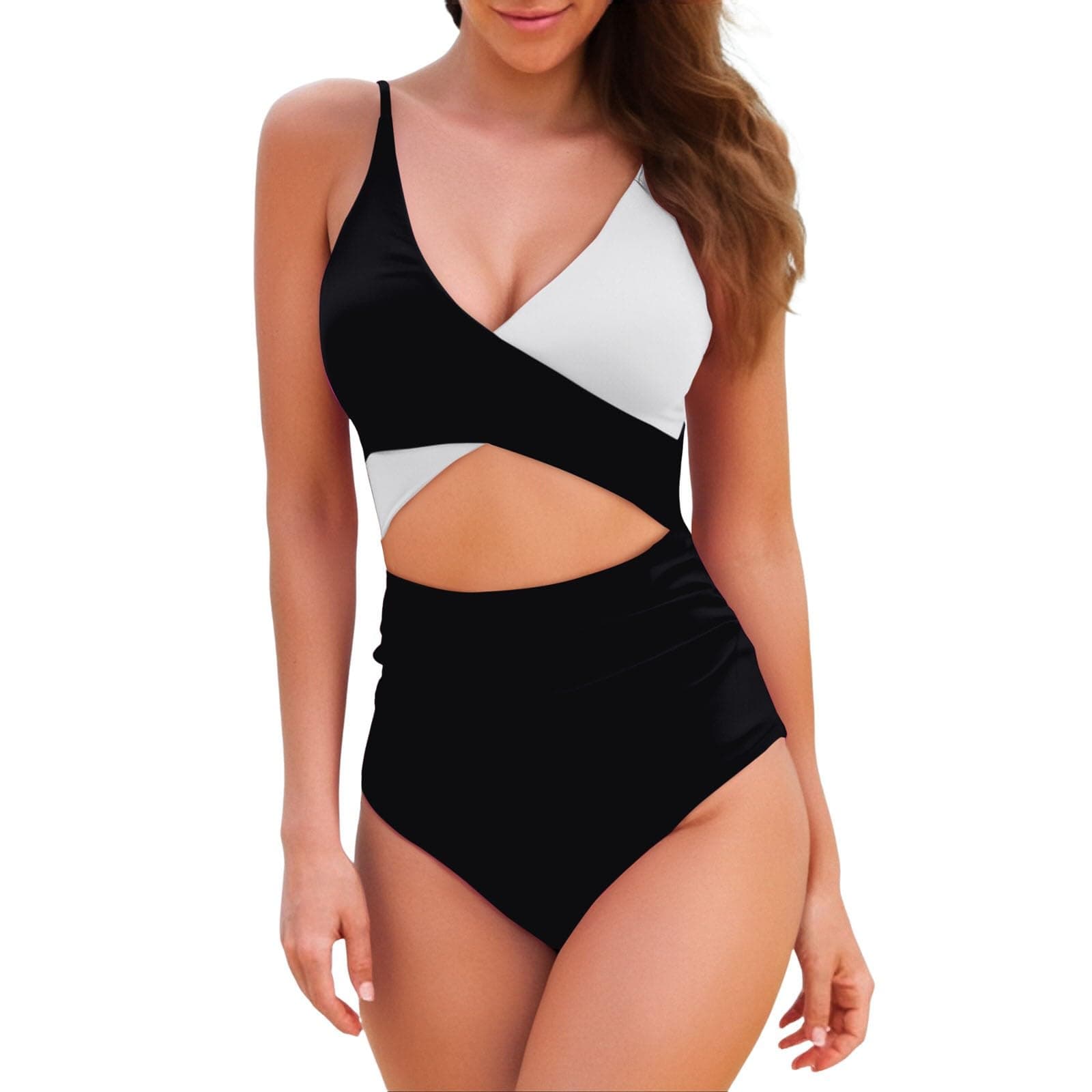 Color Block Tummy Control High Waisted V-Neck One Piece Bathing Suit