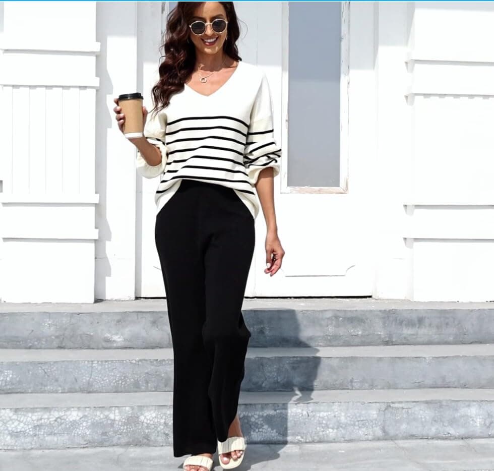 ETCYY New Women's Sweater Lounge Set Casual V-Neck Long Sleeve Top Wide Leg Pants