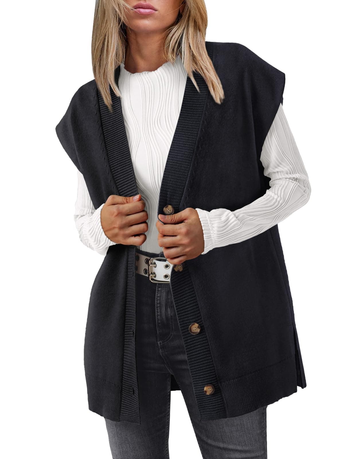 LILLUSORY Women’s Oversized V Neck Cardigan Vest 2024 Trend
