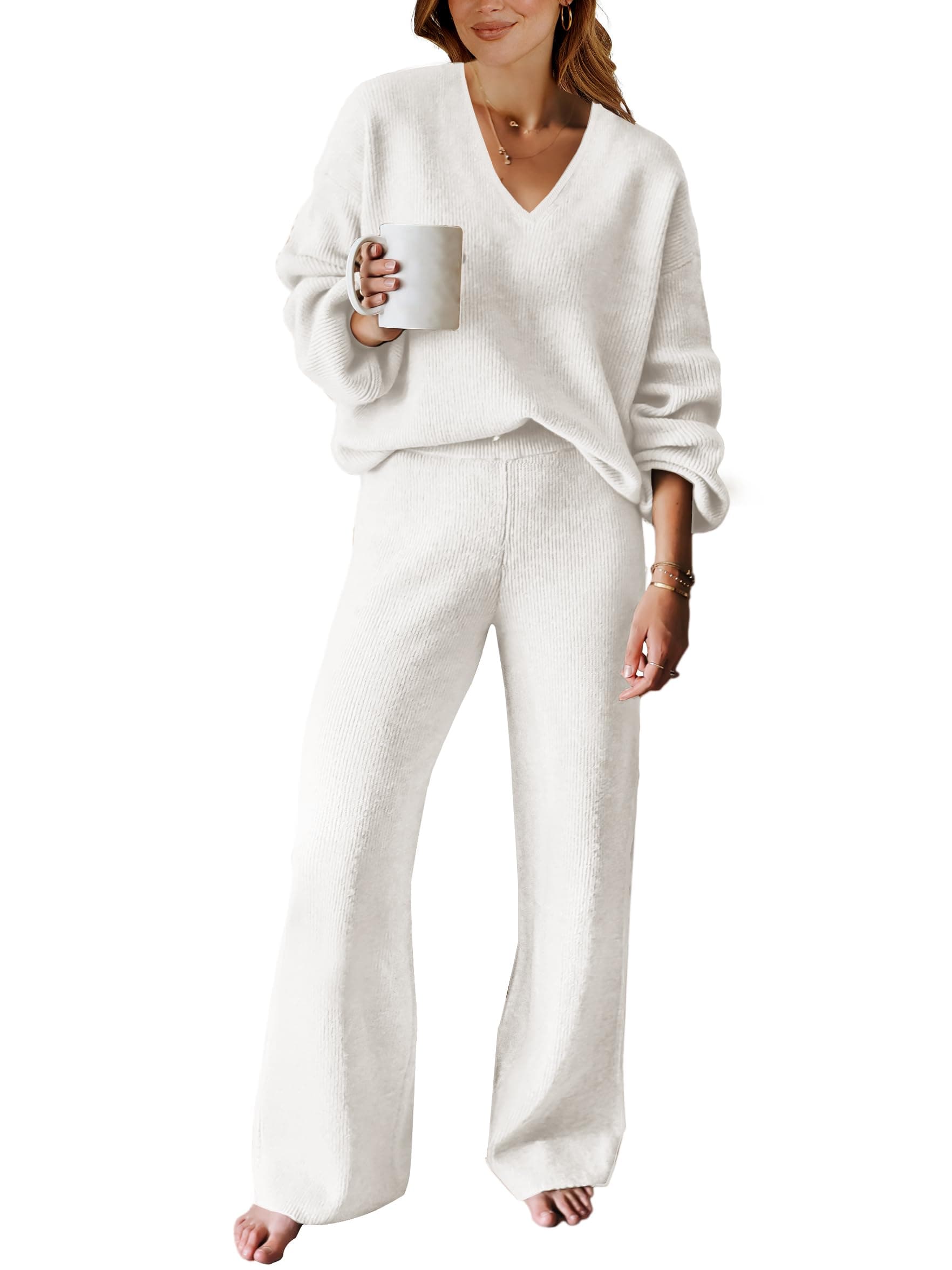 ANRABESS Women's Long Sleeve Cable Knit Outfit with Wide Leg Pants