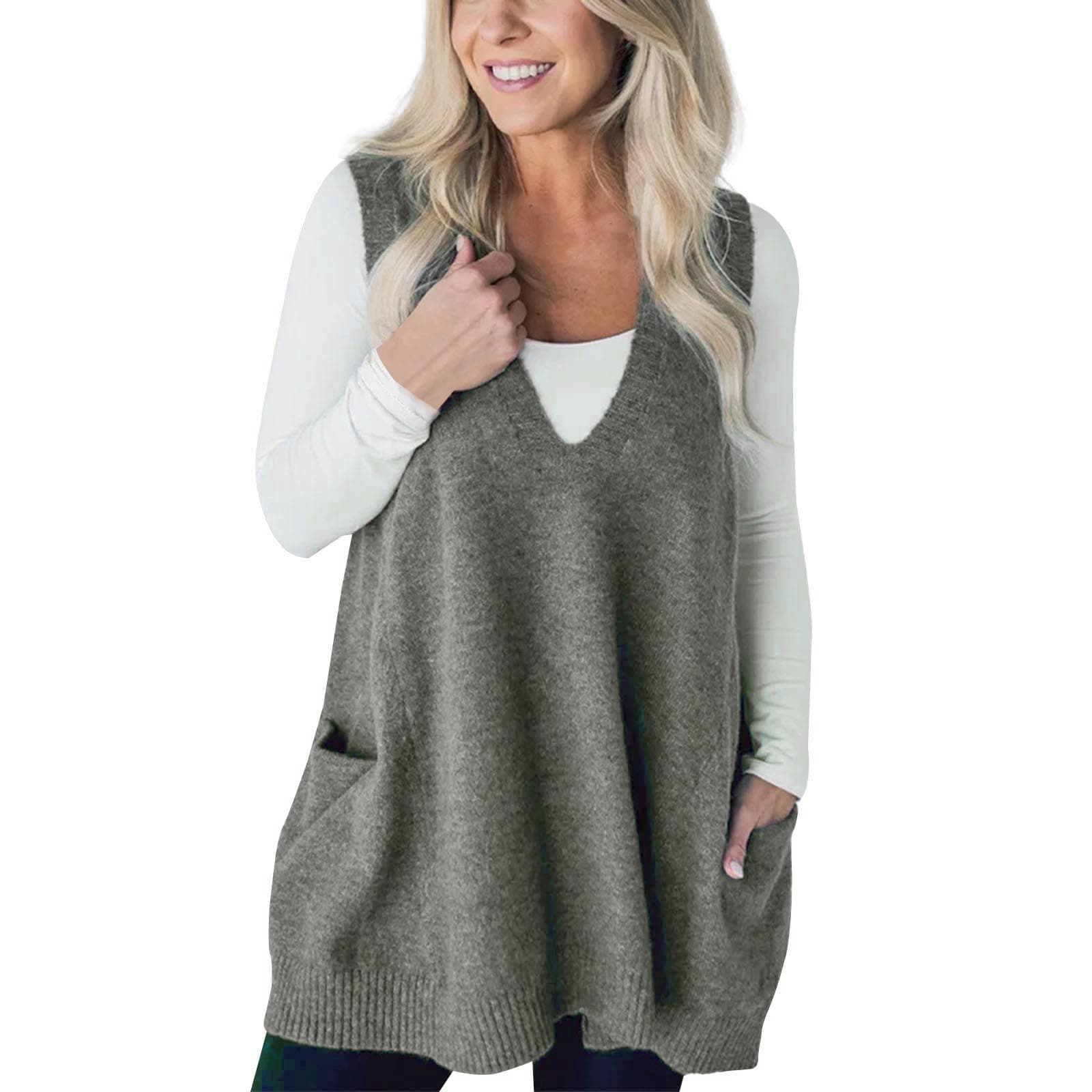 Xoxingysm Women's Oversized V-Neck Knit Tunic with Pockets