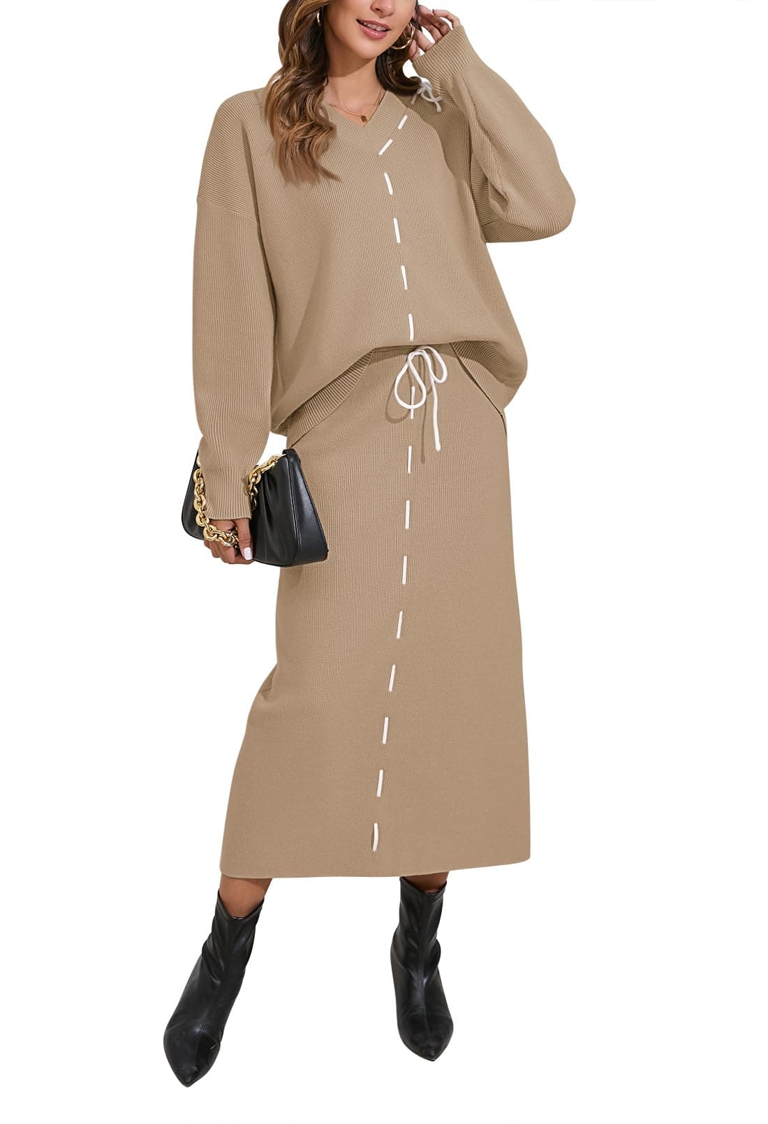 Pink Queen 2024 Women's V-Neck Sweater & Long Sleeve Maxi Skirt Casual Set