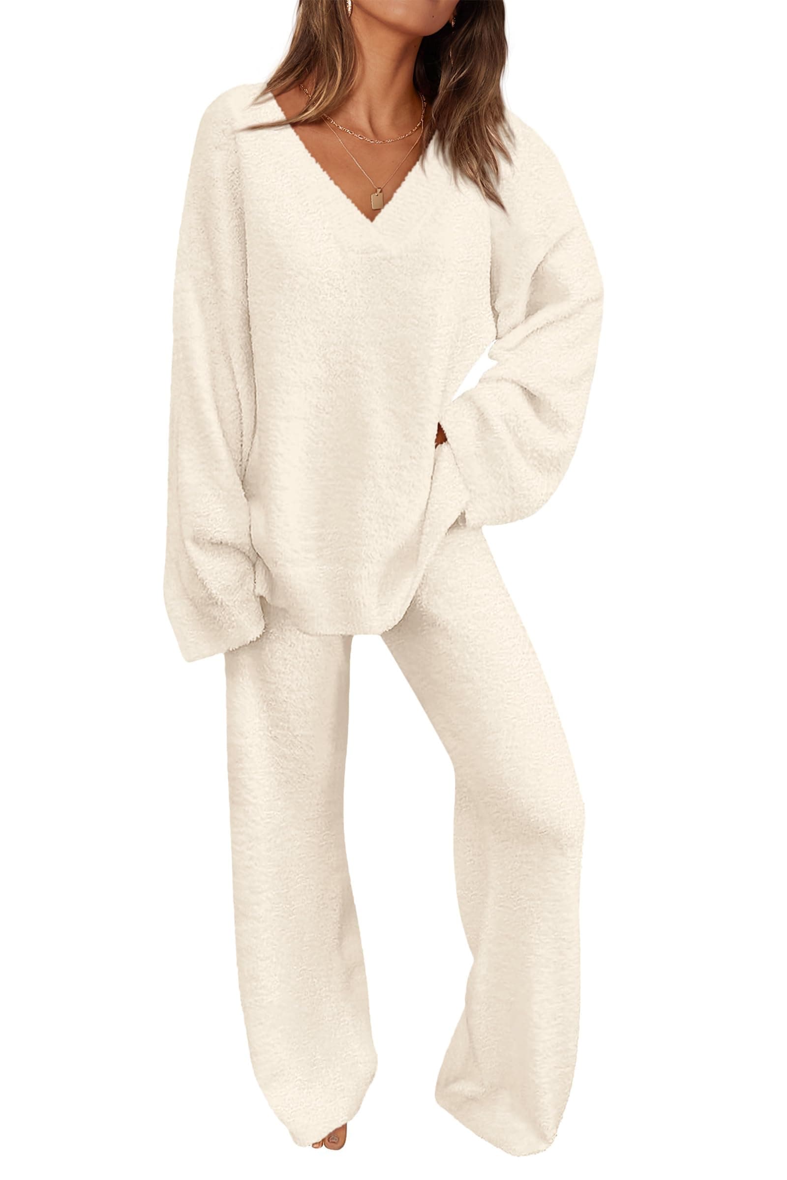 PRETTYGARDEN Women's Oversized V-Neck Sweater & Wide Leg Pants Fall Winter Set
