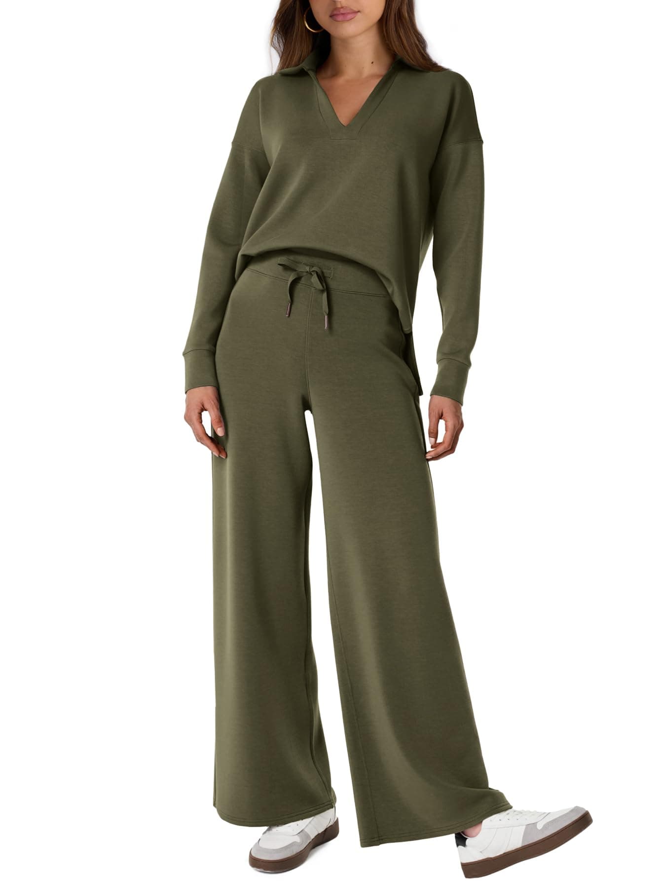 Glamaker Women's Casual Long Sleeve Sweatsuit Matching Outfits Polo Top & WideLeg Pants