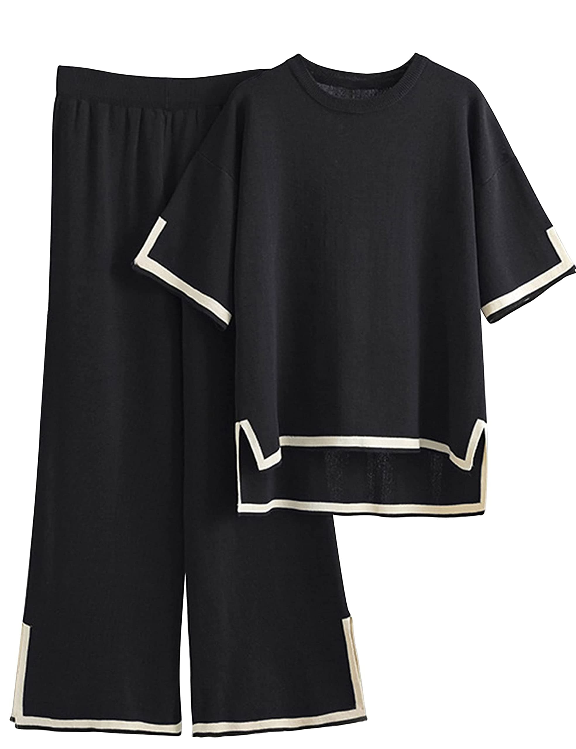 Faleave Women's Short Sleeve Knit Sweater & Elastic Waist Wide Leg Pants Lounge Set