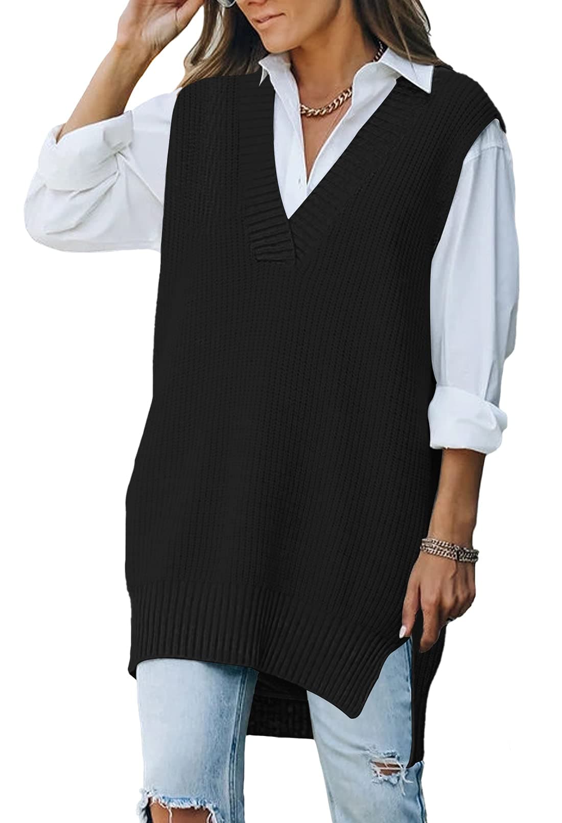 Oversized V Neck Knit Sweater Vest Tunic for Women
