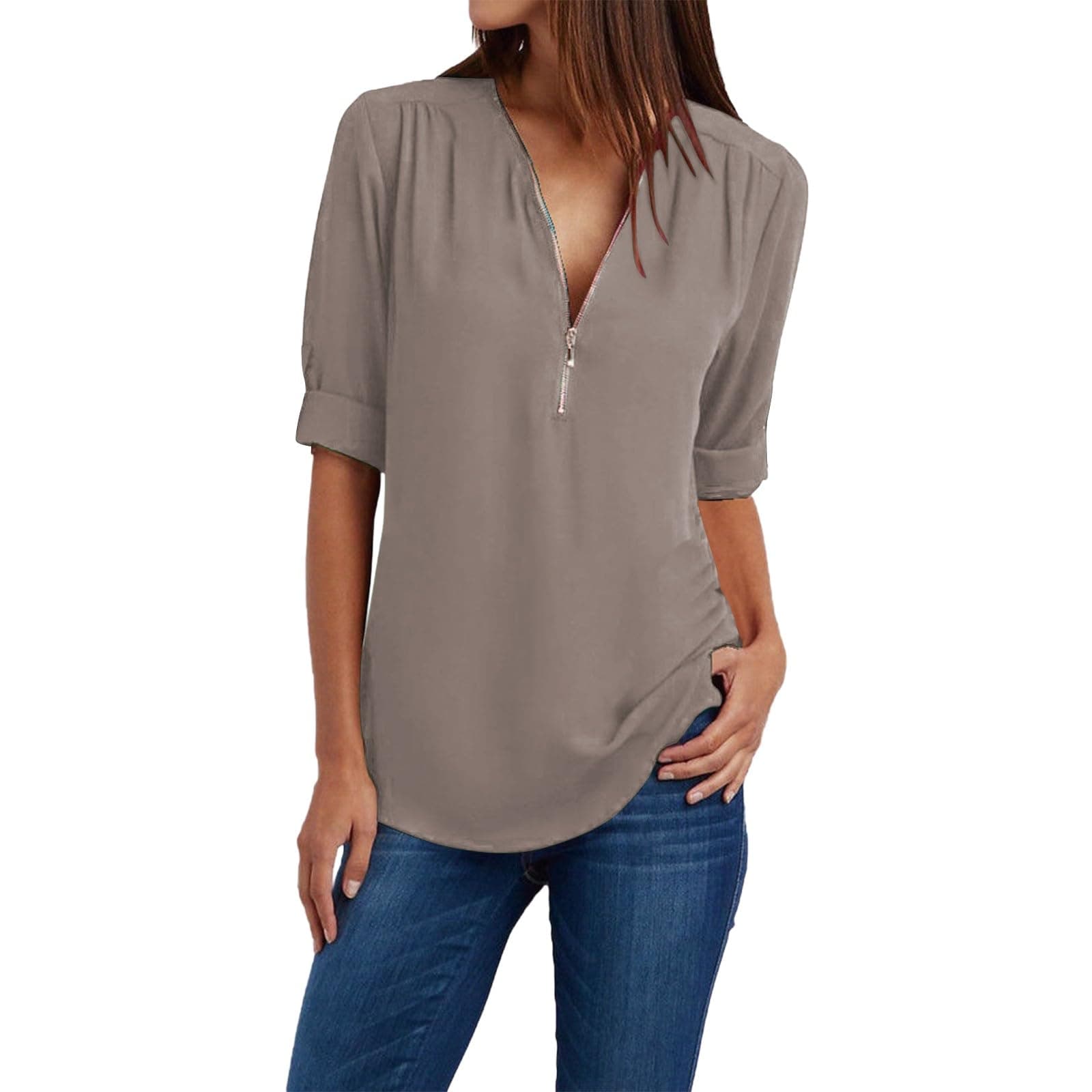 Trendy Plus Size Zip Front 3/4 Sleeve V Neck Summer Tops