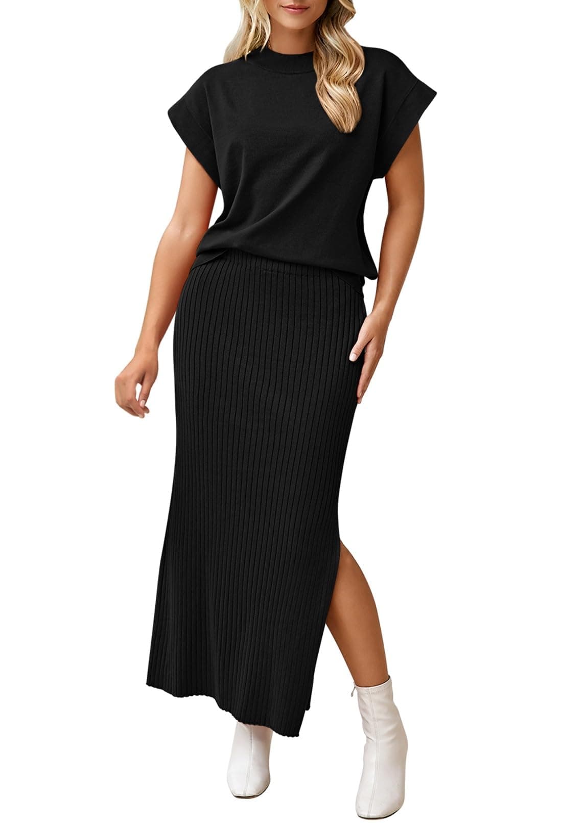 Pink Queen Women's Summer Cap Sleeve Sweater SET Bodycon Maxi Knit Dress