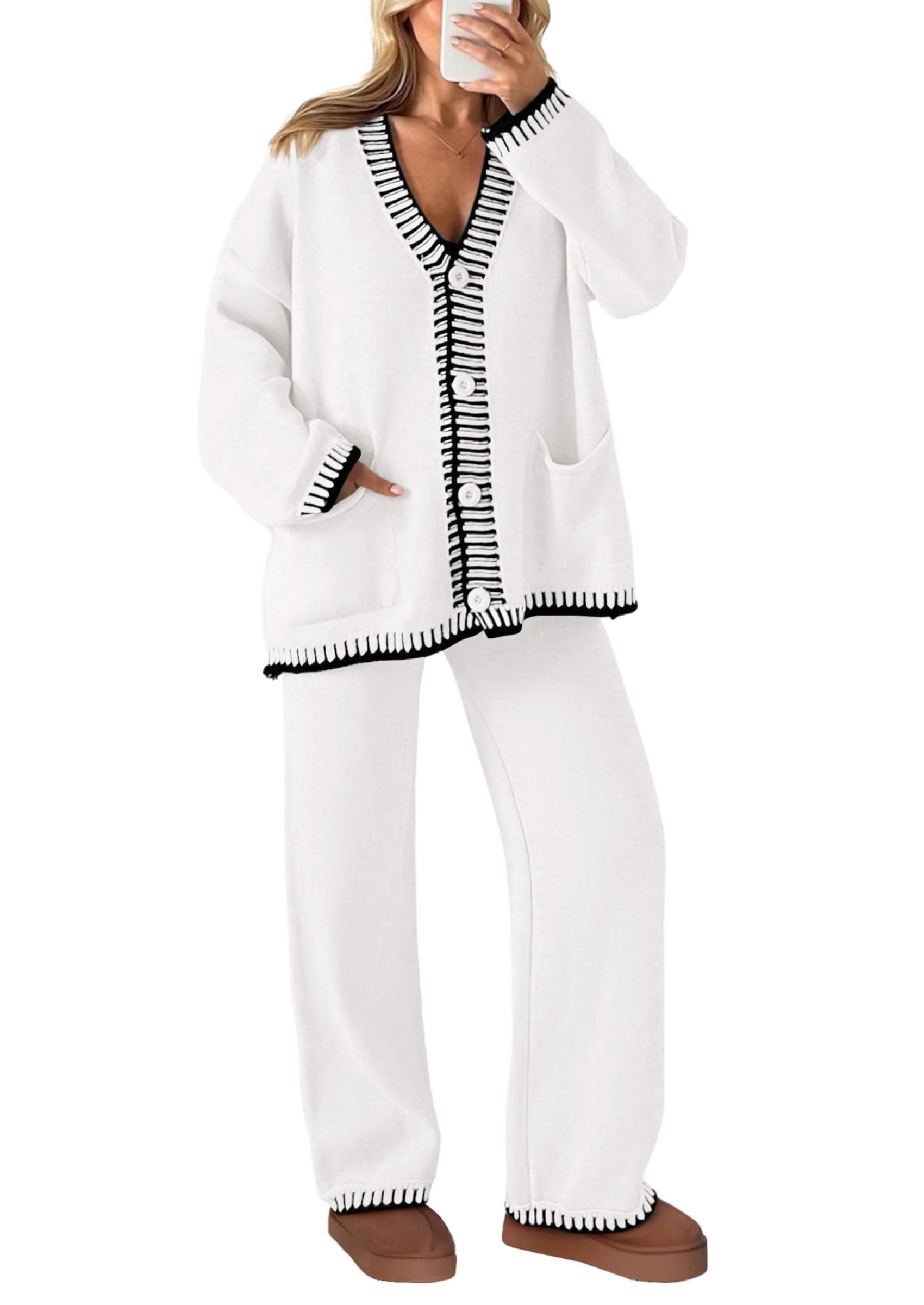 PRETTYGARDEN Women's Matching Lounge Sets Knit Cardigan & Wide Leg Pants