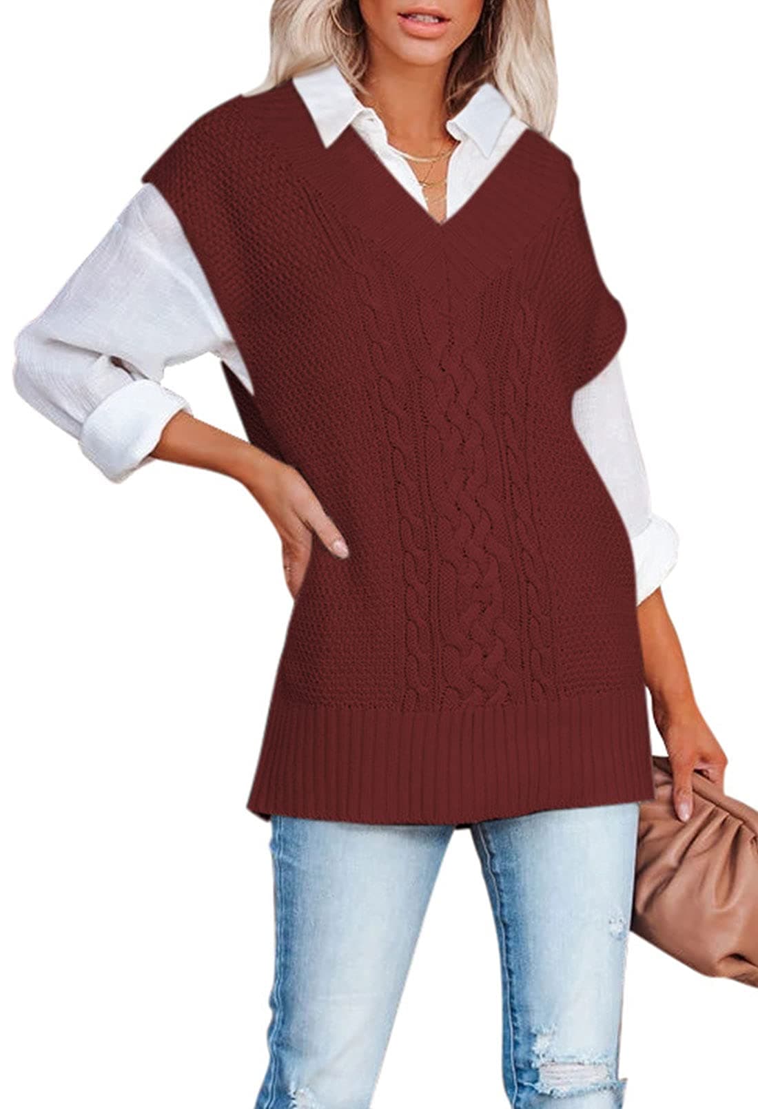 Cable Knit V Neck Tunic Sweater Vest for Women