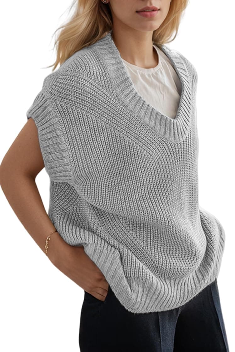 LUXVEER Womens V Neck Oversized Sleeveless Knit Summer Tops