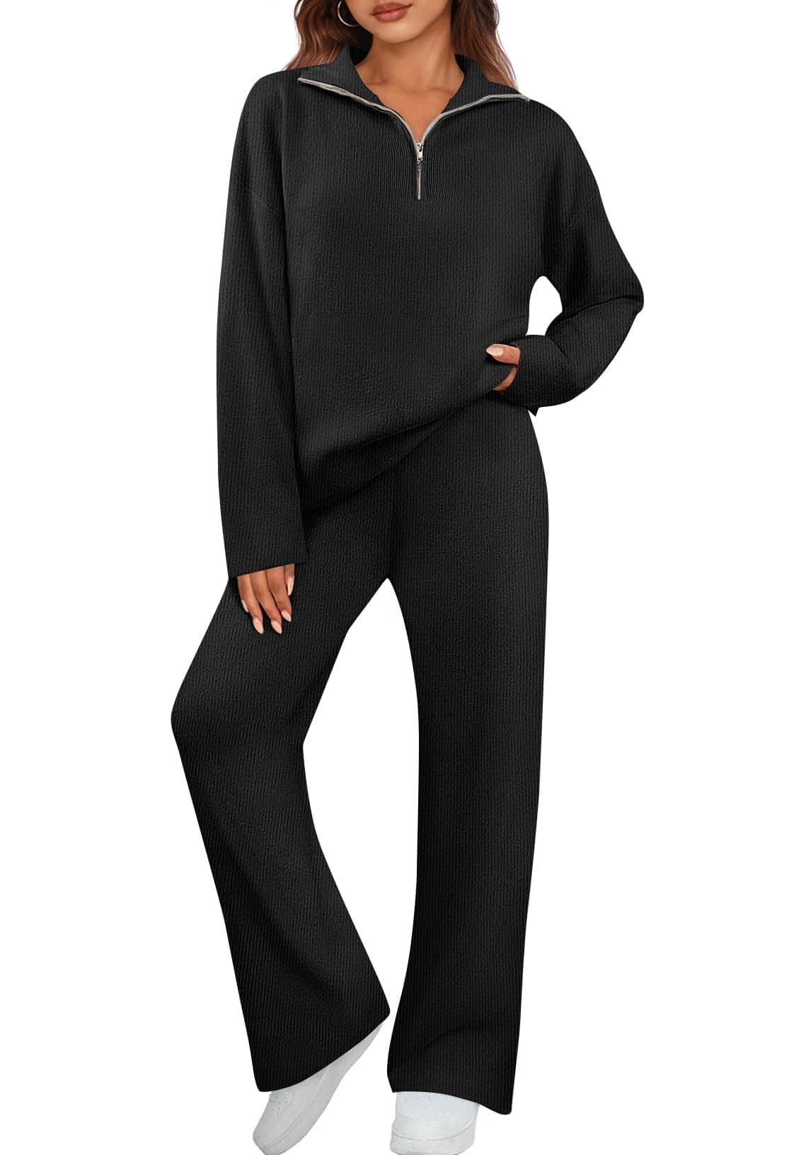 MEROKEETY Women's Long Sleeve Quarter Zip Knit Top & Wide Leg Pants Matching Set